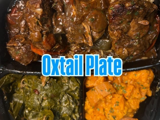 Oxtail Plates W/White Rice, Greens, Yams & Cornbread.